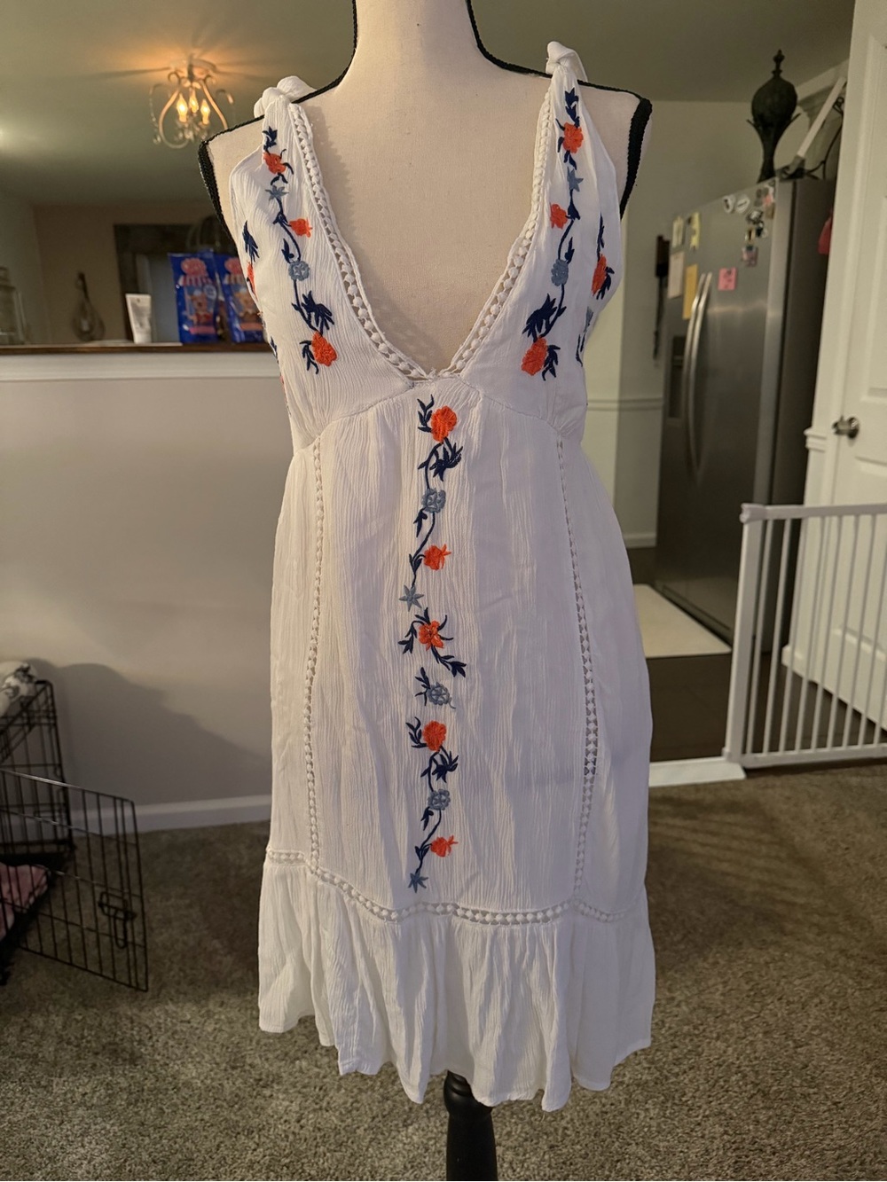 Jessica Simpson White Sundress with Orange & Navy Floral Embroidery